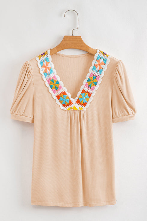 Artisan Bloom Crochet Trim Ribbed V Neck Short Sleeve Top